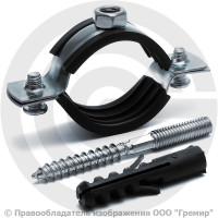 Хомут крепежный оцинкованный с резиновой прокладкой Ду-50 (Дн 53-58) (1 3/4") М8 в/к винт-шуруп дюбель Strongman