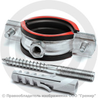 Хомут крепежный оцинкованный с резиновой прокладкой Ду-50 (Дн 59-66) (2") М8 в/к винт-шуруп, дюбель