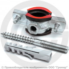 Хомут крепежный оцинкованный с резиновой прокладкой Ду-20 (Дн 23-28) (3/4") ±2мм М8 в/к винт-шуруп, дюбель