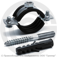 Хомут крепежный оцинкованный с резиновой прокладкой Ду-25 (Дн 32-35) (1") М8 в/к винт-шуруп, дюбель Strongman