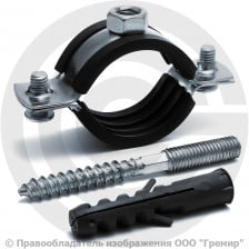 Хомут крепежный оцинкованный с резиновой прокладкой Ду-25 (Дн 32-35) (1") М8 в/к винт-шуруп, дюбель Strongman