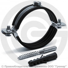 Хомут крепежный оцинкованный с резиновой прокладкой Ду-65 (Дн 75-80) (2 1/2") М8 в/к винт-шуруп дюбель Strongman